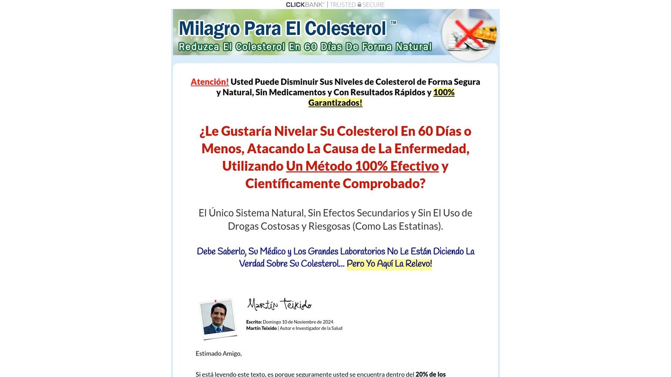 Milagro Para el Colesterol. Tratamiento Natural. 90% Comisión.